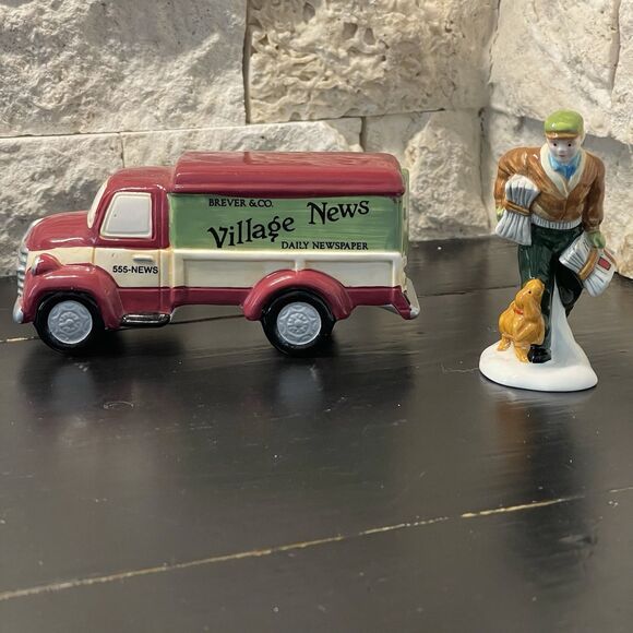 Dept 56 Village News Delivery Truck Retired Snow Village Series Set Of 2 Pcs - Picture 1 of 6